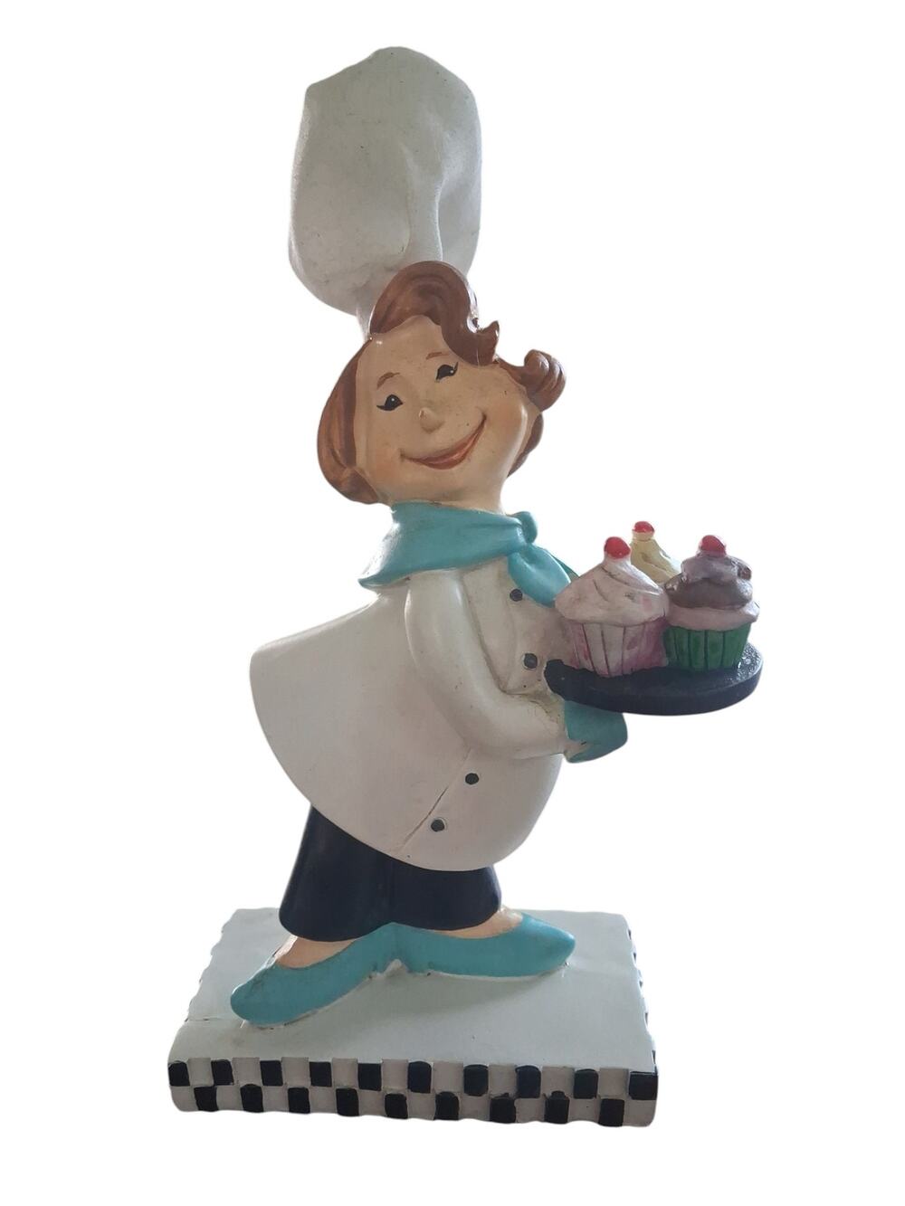 Whimsical Decorative Chef Figurine Holding a small tray with cupcakes